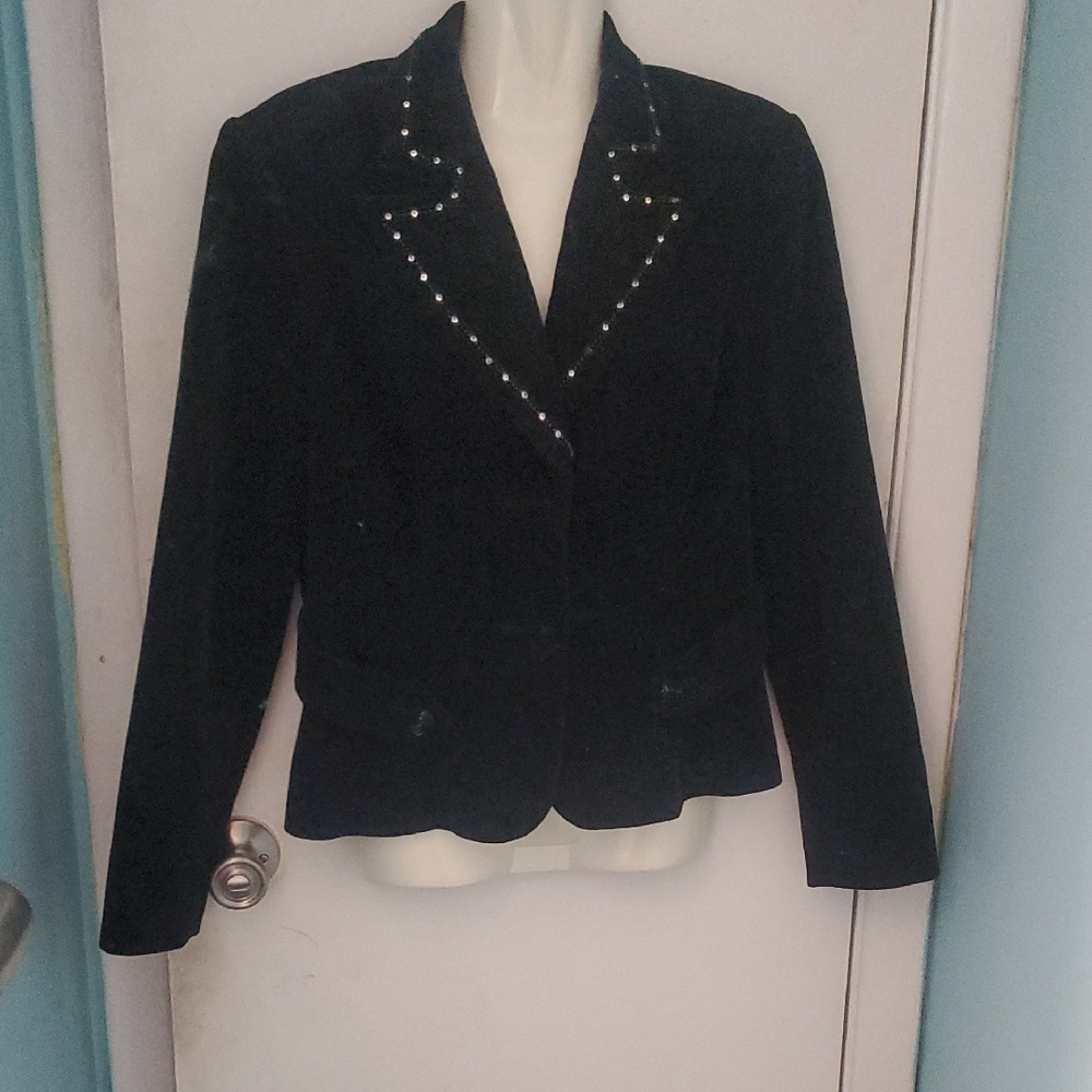 Bisou Bisou Black Velvet Blazer with Stud Embellishment.  See Thru Lace Back.